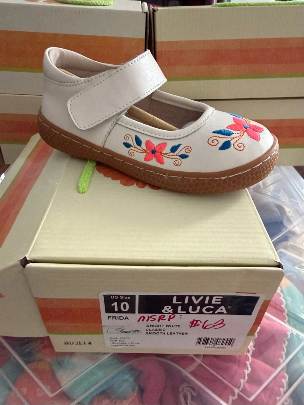 Livie & Luca White Mary Jane with Pink & Blue Floral Embroidery